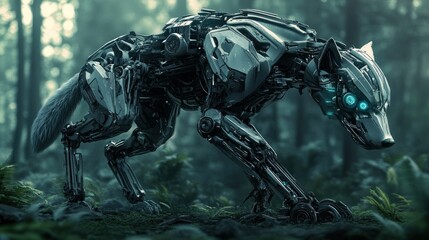 Obraz premium A metallic robotic wolf is walking through a forest environment