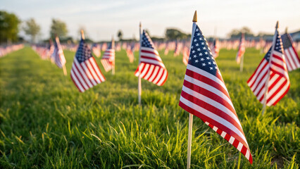 independence day field of miniature flags waving gently in breeze evokes sense of patriotism and remembrance