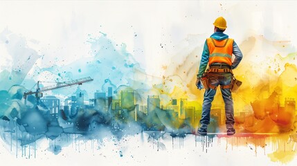 A construction worker overlooking a vibrant cityscape, showcasing the blend of hard work and creativity in industry.
