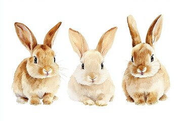 Fototapeta premium Adorable Watercolor Bunnies Three Cute Brown Rabbits Easter Animals Wildlife Illustration Soft Furry Creatures Lovely Baby Animals Springtime Image 