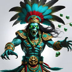 Fototapeta premium A fierce Aztec warrior deity with an undead skeletal face, glowing green eyes, and an open-mouthed snarl, adorned in intricate turquoise and gold armor with ancient Aztec engravings.