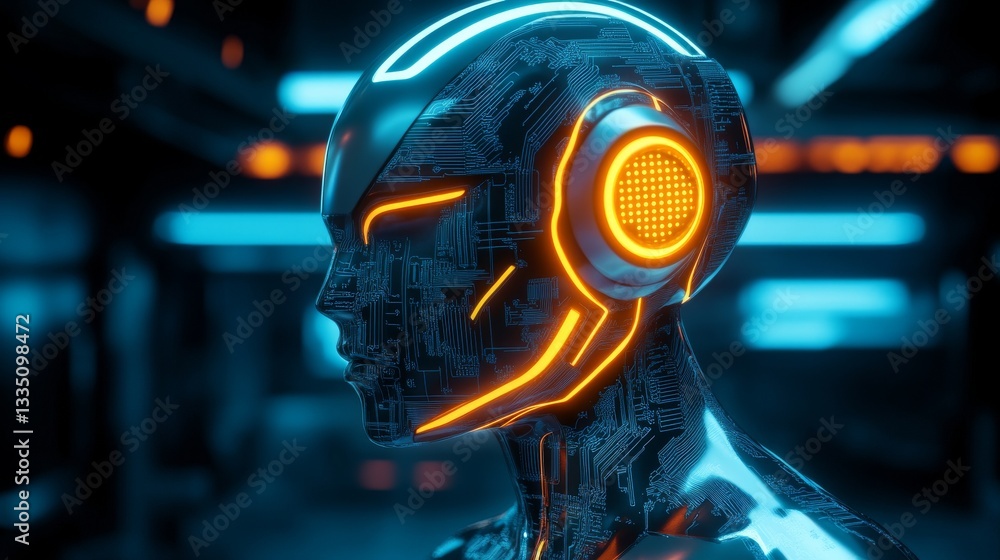 Poster a high-tech robotic head adorned with glowing circuits, fusing art and technology in a vivid, illumi