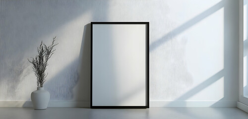 A framed artwork leaning on a minimalist white wall, surrounded by clean, contemporary home d?(C)cor. 40k, , high resolution
