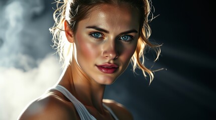 Intense portrait of a fair skinned woman, her gaze commanding attention with striking blue eyes and a backdrop of hazy light and dark shadows.