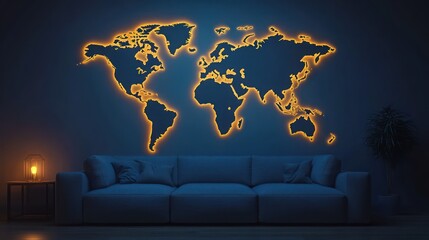 Illuminated World Map in a Cozy Room