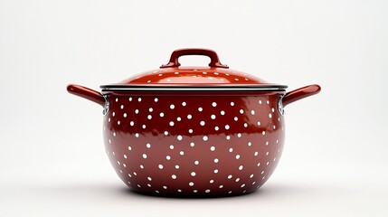 A horizontal front-facing view of a large classic red cooking pot with white dots and a cover, isolated on a white background.