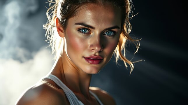 Intense portrait of a fair skinned woman, her gaze commanding attention with striking blue eyes and a backdrop of hazy light and dark shadows.