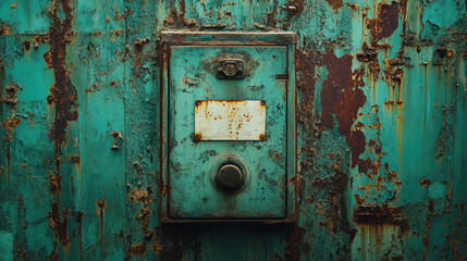 weathered, rusty mailbox on turquoise wall, showcasing age and character. peeling paint and rust create vintage aesthetic, evoking nostalgia