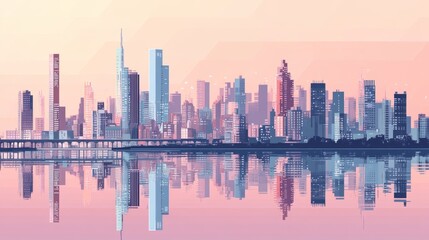 Obraz premium Cityscape reflected in water with stylized buildings under a pastel sky.