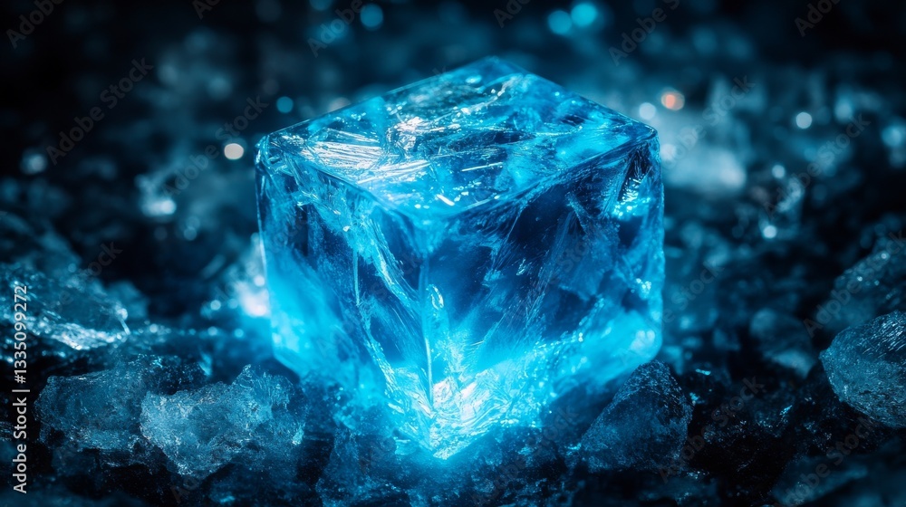Poster a focused image of a translucent ice cube displays fine bubbles and a refreshing blue shade, accentu