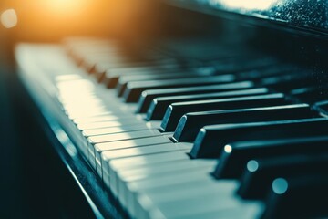 Close up of grand piano and chair in concert hall featuring piano keys on stage