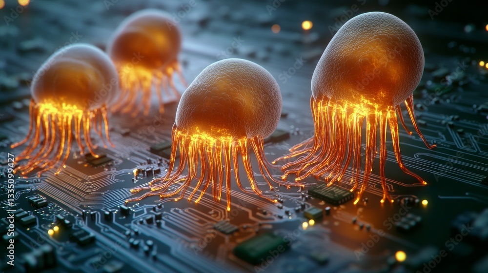 Poster a futuristic digital rendering of radiant cells interwoven with circuit patterns, signifying the con