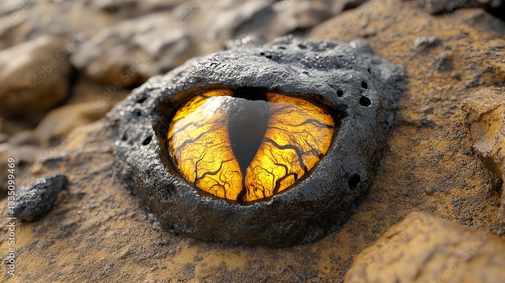 Poster an up-close image of a glowing, eye-like object with intricate veins, highlighted by vibrant orange 
