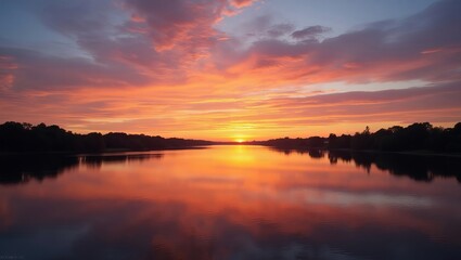 Naklejka premium A breathtaking sunset over a calm lake reflects fiery skies. Silhouetted trees line the distant shores, creating a serene landscape.