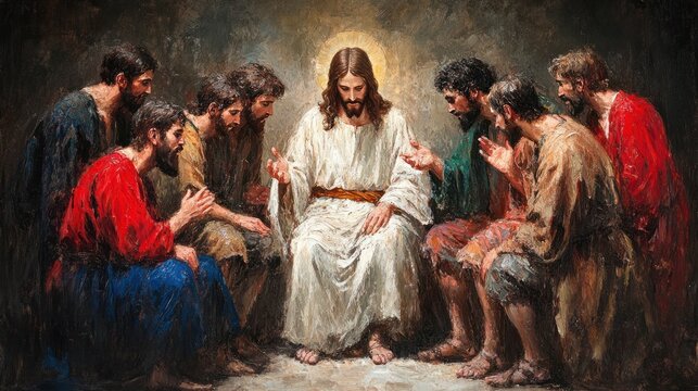 Religious oil painting depicting Jesus Christ and his twelve disciples in a sacred and timeless portrayal