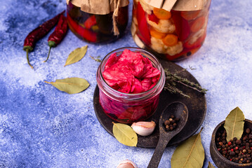 Healthy homemade fermented food in jars