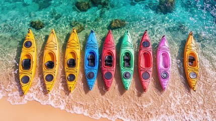 Colorful kayaks lined on a beach near turquoise water
