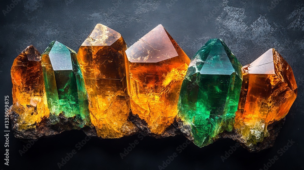 Poster an array of vibrant minerals, organized in rows, displaying various textures and shapes, set against