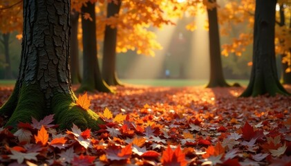 Russet and copper beech leaves, woodland floor, image, stock photo