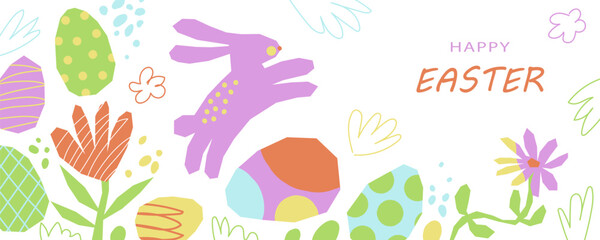 Obraz premium Happy Easter. Cute horizontal card with rabbit, Easter eggs, flowers, and abstract elements. Cut out objects on white background. Pastel colors. Minimalist style. Vector illustration.