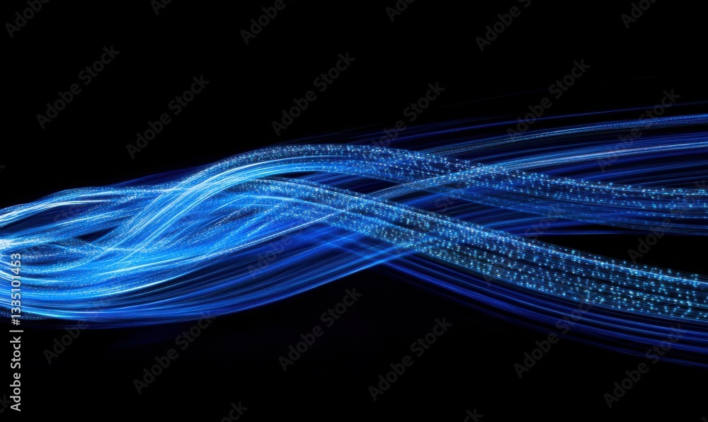 Poster blue light streaks on a black background with glowing horizontal lines in a high speed motion blur e