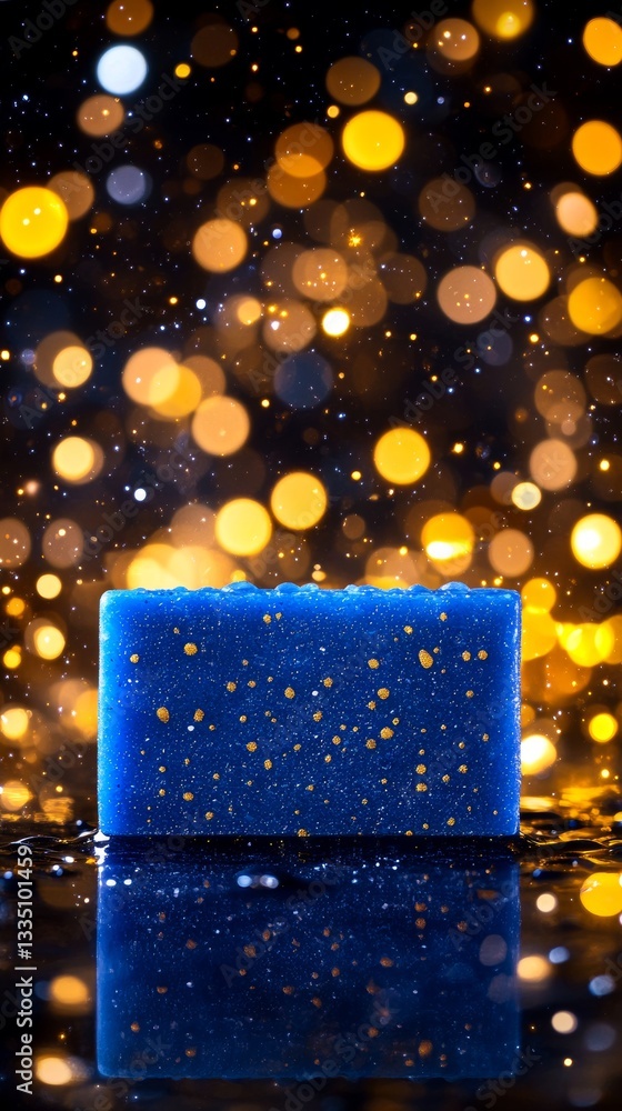 Poster a close-up view of an ice block with water droplets, illuminated by both warm and cool lights, creat