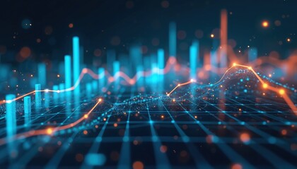 Fototapeta premium Perspective view of stock market growth shown with digital financial chart graphs, diagrams, indicators on dark blue blurry background. Investment, data concept with stock market lines, columns.