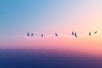 Obraz premium Geese Flying Over Water at Sunset with Soft Colors