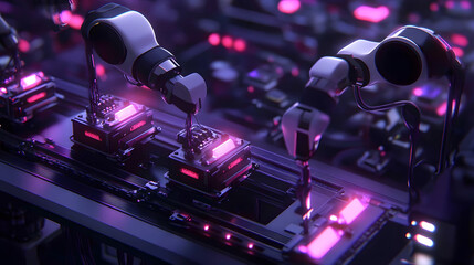 AI-powered robots performing quality checks on finished products in a futuristic factory, ensuring perfect standards.