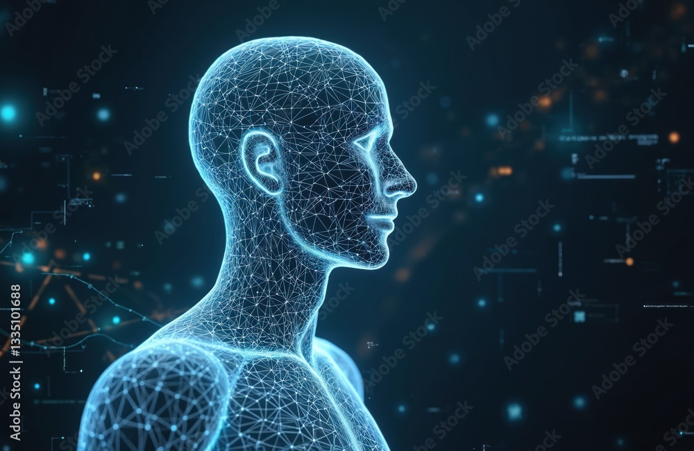 Poster human body 3d wireframe model scan. hologram style image of ai generated human figure on dark blue b