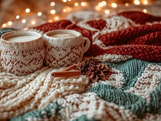 Two cozy mugs of coffee on a warm knitted blanket