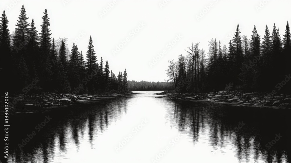 Poster monochrome lake scene with trees reflected in calm water.