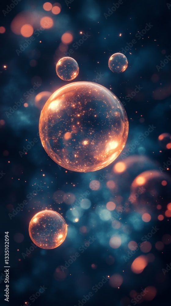 Poster a spellbinding shot of gleaming bubbles hovering amidst a backdrop of soft, glowing orbs, producing 