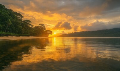 Bright sunrise over calm waters with golden reflections