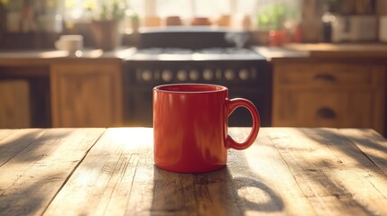 Sunlit red mug on rustic wooden kitchen table