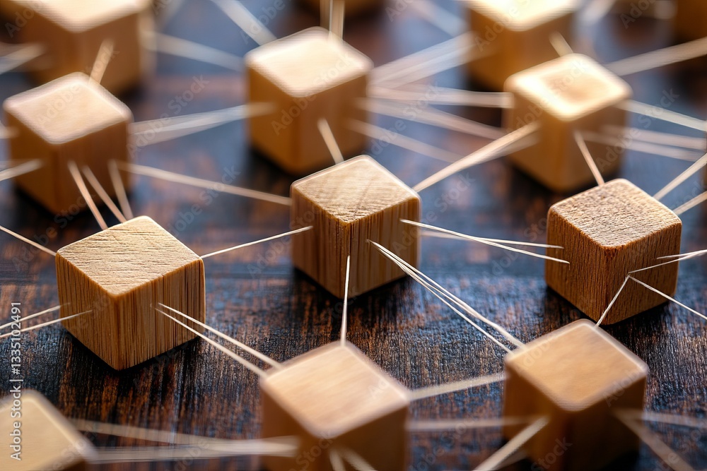 Poster interconnected wooden cubes network abstract background business strategy teamwork concept modern de