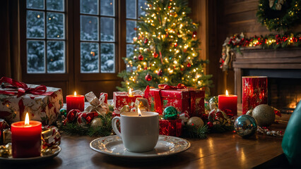 Fototapeta premium Classic Christmas Celebration Elements – A Stunning Stock Photography Collection of Festive Decorations, Gifts, Candles, and Holiday Accessories.