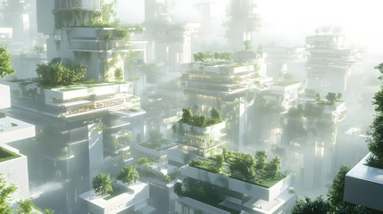 AI creating a virtual model of a futuristic smart city, with sustainable architecture and integrated green spaces.