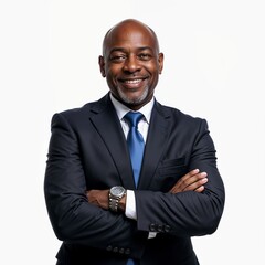 Professional portrait of middle-aged African American man in dark suit and blue tie with crossed arms and confident smile on white background