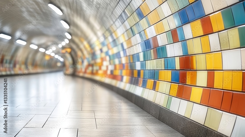 Poster a vivid, futuristic tunnel, illuminated by colorful lights, mirrors an array of shades on the smooth