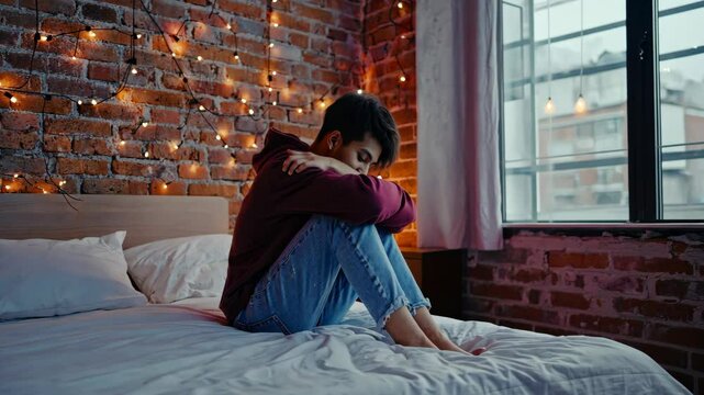 Man sits on his bed in a dimly lit room, his body language showing sadness and mental struggle. Shadows from a brick wall add depth. Perfect for themes of depression, solitude, and personal battles