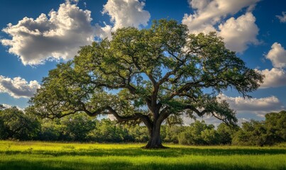 Obraz premium Single majestic oak tree in a green meadow under blue sky with fluffy white clouds, majestic tree, green meadow