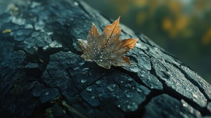 Autumn's embrace: dew-kissed leaf on weathered bark showcasing nature's delicate beauty