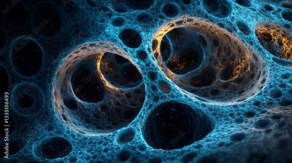 Poster a vivid close-up of a neuron, emphasizing its intricate, web-like design in vibrant blue tones