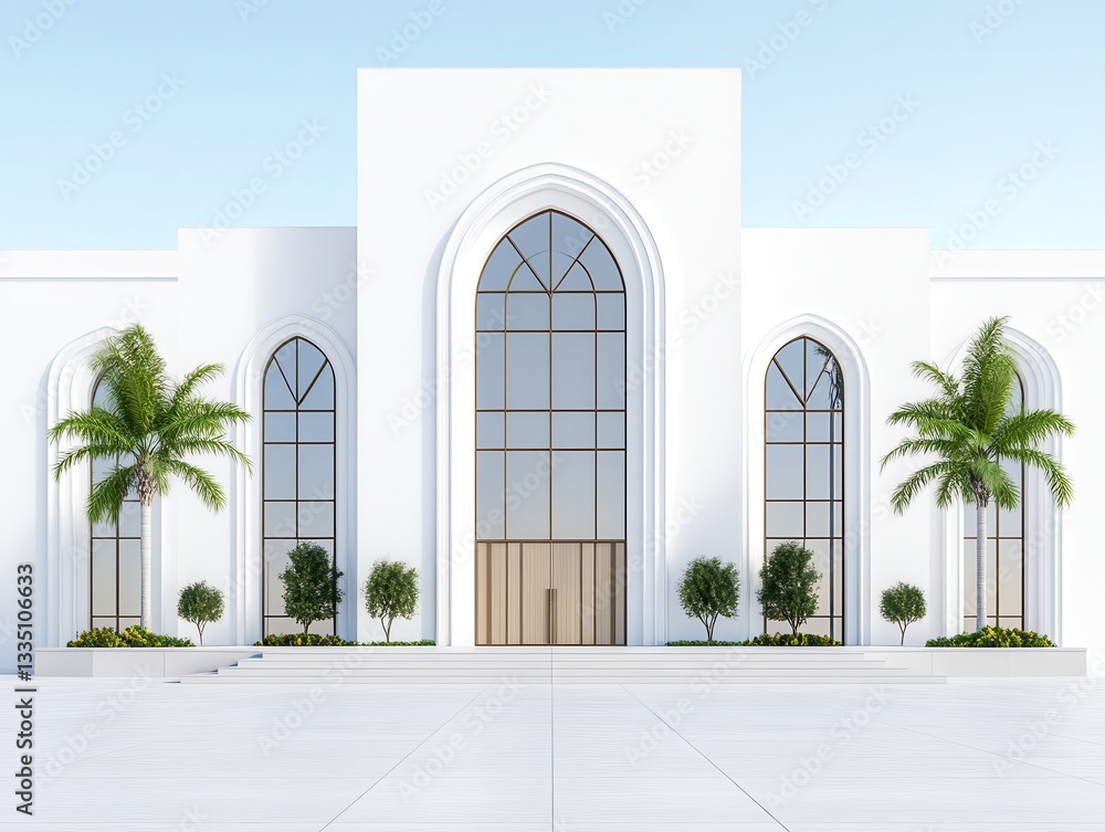 Poster modern architectural design featuring a white building with arched windows and palm trees