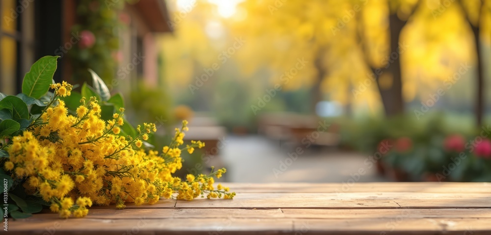 Aufkleber rustic wooden table with mimosa flowers for product display. sunny blurred background with building 