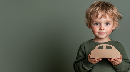 A young boy with soft curls stands confidently, holding a simple cardboard car. His gentle smile and cozy green sweater convey a sense of warmth and creativity against a muted background.