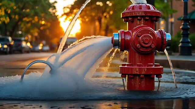 Close-Up View of Red Fire Hydrant with Water Gushing from Nozzles on a Street in the Afternoon Sun

