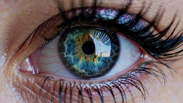 Close-up of a vibrant blue eye with detailed iris and long eyelashes. Vision concept