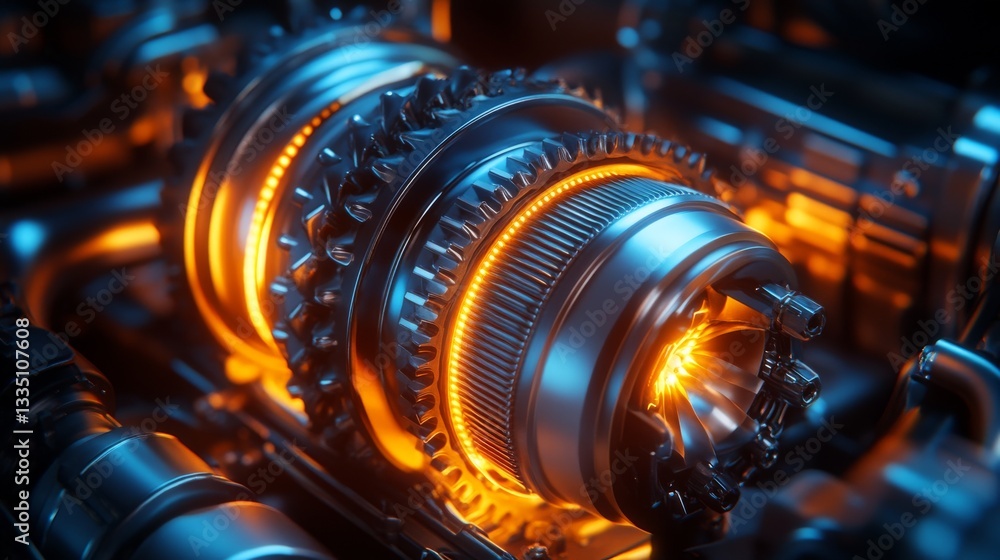 Poster a close-up view of an advanced mechanical element, radiating warm light, displaying its intricate cr